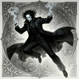 neo from matrix 1 as sandman, with fingers and hair turning into smoke, vertigo, full figure dynamic fighting pose, pale skin!, gothic, black overcoat, fantasy, intricate, elegant, highly detailed, digital painting, artstation, concept art, wallpaper, smooth, sharp focus, illustration, art by artgerm and greg rutkowski and alphonse mucha