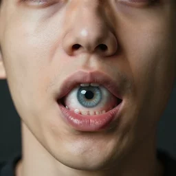 headshot of person with an eye in their mouth, hyperrealistic, insane detail, real life, realisitc, ray tracing, 1 6 k hd