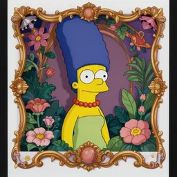 a beautiful detailed front view portrait of marge simpson with baroque ornate growing around, flowers, plants, ornamentation, elegant, beautifully soft and dramatic lit, 1 9 1 0 polaroid photo
