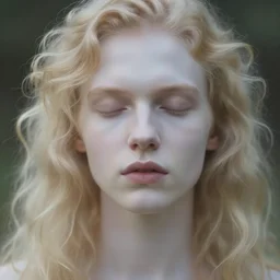out of focus photorealistic portrait of a beautiful pale young man by sarah moon, angular face, long curly blond hair, very blurry, translucent white skin, closed eyes, foggy, closeup