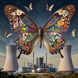 wonderful mechanical butterfly of fractals and patterns flying around a nuclear power plant, hyper detailed, intricate and detailed, ornate 8 k gorgeous intricate detailed, octane render, by sc escher, gustav klimt, egon schiele and hr giger