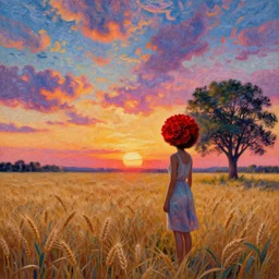 red carnation afro head, full body, girl watching sunset, empty wheat field, surreal photography, colorful clouds, tree, impressionist painting, colorful clouds, digital painting, pointillism, artstation, simon stalenhag