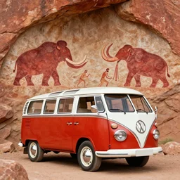 picture of ancient vw bus, mammoths and hunters, ancient prehistoric rock art in a cave style, red ocher paint