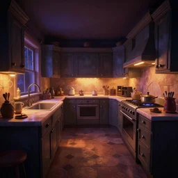 curved perspective digital art of a dim lit kitchen from Tim Burtons Nightmare Before Christmas by Andreas Rocha