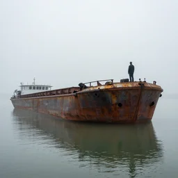 a partially submerged rusty moldy barge with a dark human figure standing on the bow in dense fog in still water