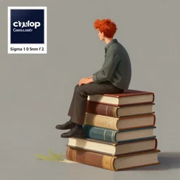 matte painting a red - haired man sitting on top of a stack of books, a stock photo by oleg oprisco, artwork by wlop, cg society contest winner, academic art, extreme long shot, sigma 1 0 5 mm f 2., stockphoto, storybook illustration