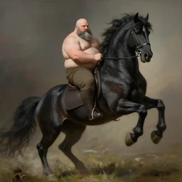 chubby ethan van sciver with a bald head and grey trimmed beard with a pointy nose as the first horseman of the apocalypse riding a strong big black stallion, horse is up on its hind legs, beautiful artwork by artgerm and rutkowski, breathtaking, beautifully lit, dramatic, full view