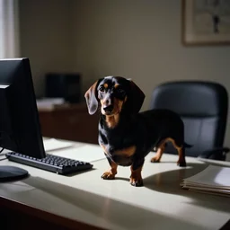 dachshund in a dimly lit office, 1960s, Kodachrome