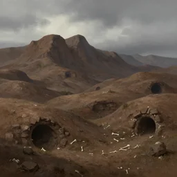 low brown mountain range, warty hills, trolls caves, scattered bones, cloudy sky, a fantasy digital painting by Greg Rutkowski and James Gurney, trending on Artstation, highly detailed
