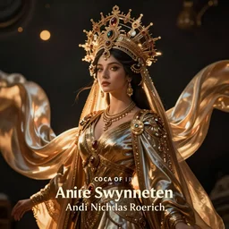 queen of autumn by Annie Swynnerton and Nicholas Roerich, strong dramatic cinematic lighting , ornate headdress , flowing robes, lost civilizations, smooth, sharp focus, extremely detailed