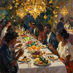 dark skinned people eating at a regal buffet ultra detailed beautiful setting elegant event gold ornaments iridescent lighting in the style of edward hooper and henri matisse oil painting