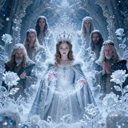 wide angle shot of holy royal young girl with snow and blizzard magic, surrounded by ice and crystal roses, face center to the camera, style by laurie greasley gustave dore ron english and tom bagshaw, cedric payravernay, peter mohr, cinematic dramatic lighting, ornate, epic composition, octane blender, sharp focus, concept art,