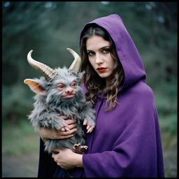 woman in purple hooded cloak holds a horned gremlin, kodak vision 3 500t