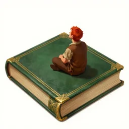 Red-haired peasant man from Lilliput sitting on huge book. Brown shirt and pants. Huge book!!!!!!!!!!!! Tiny man!!!!!!!!!! Bookcover in green leather and gold details. Bird's eye view. Subject looking up. Style digital painting, concept art, smooth, sharp focus, illustration, from Metal Gear, by Ruan Jia and Mandy Jurgens and William-Adolphe Bouguereau, Artgerm