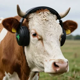 a cow with razer headphones on