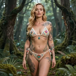 tattooed margot robbie posing in a magical crochet bikini in a magical forest, beautiful eyes, realistic face, full body, fantasy art, in the style of greg rutkowski, illustration, epic, fantasy, intricate, hyper detailed, artstation, concept art, smooth, sharp focus, ray tracing, vibrant