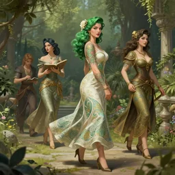 green hair tattooed pinups walking at the garden playing dnd, deep focus, turnaround, fantasy, intricate, elegant, highly detailed, digital painting, artstation, concept art, matte, sharp focus, illustration, hearthstone, art by artgerm and greg rutkowski and alphonse mucha.