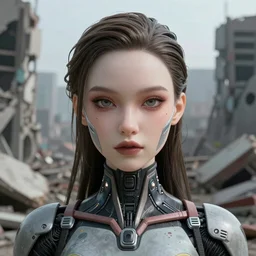 Ultrarealist aesthetic detailed face portrait of a very beautiful dollpunk wearing Abstract tech bodysuit, in front of a ruined city, focus, realistic eyes, accurate symmetric features proportions, golden ratio, ultra intricate details, award winning, unreal render, by Tom Bagshaw