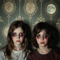 two handsome but creepy siblings in layers of fear, with haunted eyes, 1 9 7 0 s, seventies, wallpaper, a little blood, moonlight showing injuries, delicate embellishments, painterly, offset printing technique, by coby whitmore, jules bastien - lepage