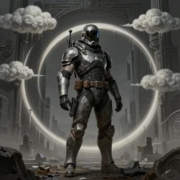 portrait of sci fi soldier ranger, brutalist city architecture, dark epic, acanthus scroll, ceremonial clouds, dripping paint, fibonacci rhythm, artstation, art germ, wlop, karol bak, christopher balaskas, ross tran