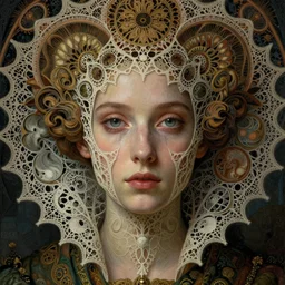 detailed realistic beautiful young medieval queen face portrait by jean delville, gustave dore, iris van herpen and marco mazzoni, art forms of nature by ernst haeckel, art nouveau, symbolist, visionary, gothic, pre - raphaelite, fractal lace, surrealityhorizontal symmetry