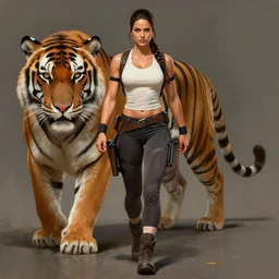 epic portrait of very muscled tough looking Mila Kunis as Lara Croft walking besides her giant pet tiger, elegant, highly detailed, centered, digital painting, artstation, concept art, artgerm, donato giancola, Joseph Christian Leyendecker, WLOP, Boris Vallejo, Artgerm
