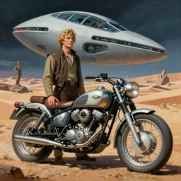 moebius and ralph mcquarrie style, vintage classic motorcycle, technical drawing, futuristic sci - fi painting, star wars dune, the incal