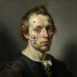oil painting portrait of a mutant man with a strange disturbing face made of flowers and insects by otto marseus van schriek rachel ruysch dutch golden age