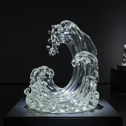 a transparent glass statue made of waves in a dark room