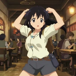anime visual, portrait of a young female traveler in a busy fantasy medieval tavern interior, cute face by yoh yoshinari, katsura masakazu, studio lighting, dynamic pose, dynamic perspective, strong silhouette, anime cels, ilya kuvshinov, cel shaded, crisp and sharp, rounded eyes