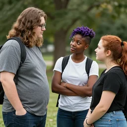 a realistic photo of three teenagers talking. one is a large stocky white boy with thick long brown hair and glasses. one is a lanky black girl with a purple undercut. one is a short chubby white girl with red hair in a ponytail