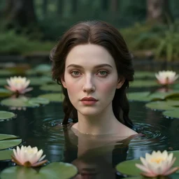 hyperrealistic cinematic 3 d portrait of a woman's head and shoulders floating in a pond, surrounded by a forrest of lillies, deep focus, intricate, elegant, highly detailed, matte, sharp focus, by bill henson and gregory crewdson and james jean