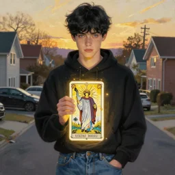 androgynous young man with short black hair, light blue eyes, detailed neighbourhood background, tarot card, glowing, golden hour, wearing jeans and a black hoodie, realistic painting by ross tran and gerald brom and alphonse mucha, trending on artstation