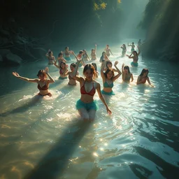 a full body shot of many asian girls playing in a river by artgerm, dynamic lighting, ray tracing, tom bagshaw, alphonse mucha, donata giancola, mary jane ansell, atmosphere, realism, octane render, dof, hyperdetailed, 8 k