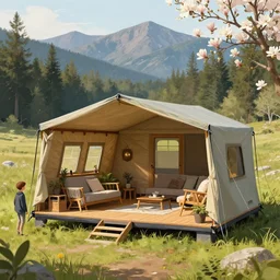 cabela's beautiful comfortable modular insulated wall kit - house all weather family dwelling tent house, person in foreground, mountainous forested wilderness open fields, beautiful views, painterly concept art, joanna gaines, environmental concept art, farmhouse, magnolia, concept art illustration, by james gurney, by craig mullins, by greg rutkowski trending on artstation