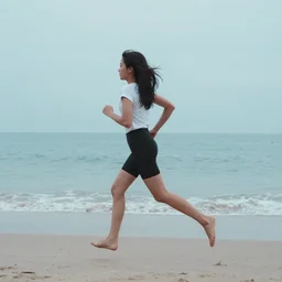 girl running along the beach, cool color pallet - n 4