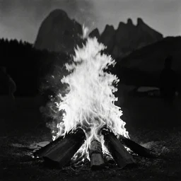 funeral pyre burning in the dolomites, 1 9 2 0 analog photography, black and white, grainy, dark