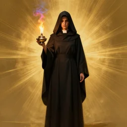 ( a priestess with a hood that covers half her face carries an incense burner that emits a pleasantly colored flame. ) by anato finnstark, photorealistic, fullbody portrait, dynamic lighting, beautiful, trending on artstation, wallpaper, 4 k, award winning, digital art, golden hues, firm line