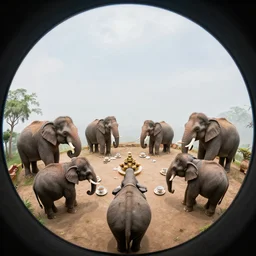 six elephanta at tea party, fulldome, 3 6 0 degree fisheye, dome format, 4 k,