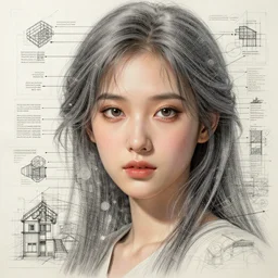 The face of a very beautiful goddess radiating an artwork made from layers of technical drawings and architectural plans, very detailed and intricate with callout texts, leaders, arrows and bubbles by Kim Jung Gi and WLOP and Katsuhiro Otomo , hyperrealism, octane render, 8k,  xparticles
