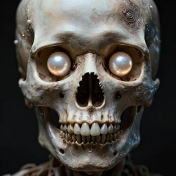 very detailed portrait of skull with pearl sphere glowing eyes + melting face skin + 4 k hyper details render + by alex grey + fractal mundelbulb intricate design + dramatic lighting + cinematography photography