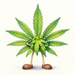 smiling cannabis man with arms and legs cartoon, colored pencil illustration