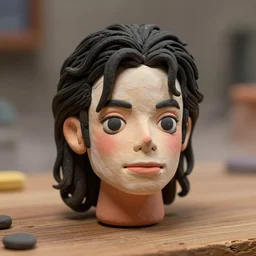 michael jackson!!! very realistic!!! smooth specular clay! extremely close smooth specular sculpted headshot of michael jackson cyborg , soft light, fog , on wooden table. style: claymation puppet kids clay , by guldies