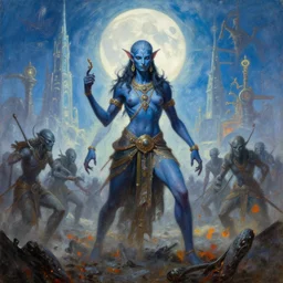 fantasy art portrait oil painting, perfect expression, subconscious connects, purified consciousness, beautiful battle, foundation, mahabharata war, tiefling darkblue skin, moon, ashes, redesigned, full figure action shot, alien world, artifacts, valerian city luminous skies, yasushi nirasawa, moebius, hr giger, alex ross, stephen bliss, loish,