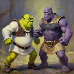 Shrek fighting Thanos, trending on artstation, masterpiece, epic fight, establishing shot, oil on canvas