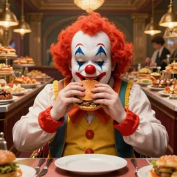 a very fat clown chewing on a burger, at a large fancy buffet, beksinski, wayne barlowe, very coherent symmetrical artwork, cinematic, hyper realism, high detail, octane render, 8 k