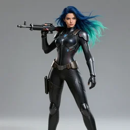 a stunning picture of a beautiful young woman wearing futuristic deep black battle bodyarmor and legings with ombre navy blue teal hairstyle blowing in the wind shouldering a futuristic rifle by marvel comics, digital art, trending on artstation