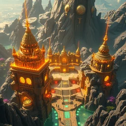 lush utopian civilization, highly detailed temples made of gemstones and gold, gold relics, digital painting, artstation, futuristic poster scifi, lasers and neon circuits, sharp focus, illustration, 8 k, highly detailed, aerial view