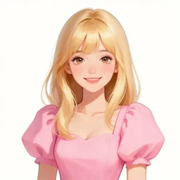 digital illustration of a happy woman with bangs and blonde hair wearing a pink dress