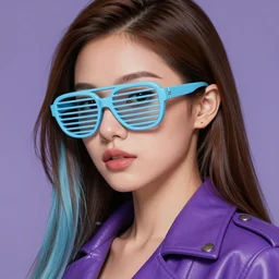 closeup painting of a very beautiful young mexican cyberpunk woman wearing light blue louvered shades, one side haircut, long brown hair with light blue ends, purple leather jacket, portrait, hyperdetailed, artstation, cgsociety, 8 k, synthwave image